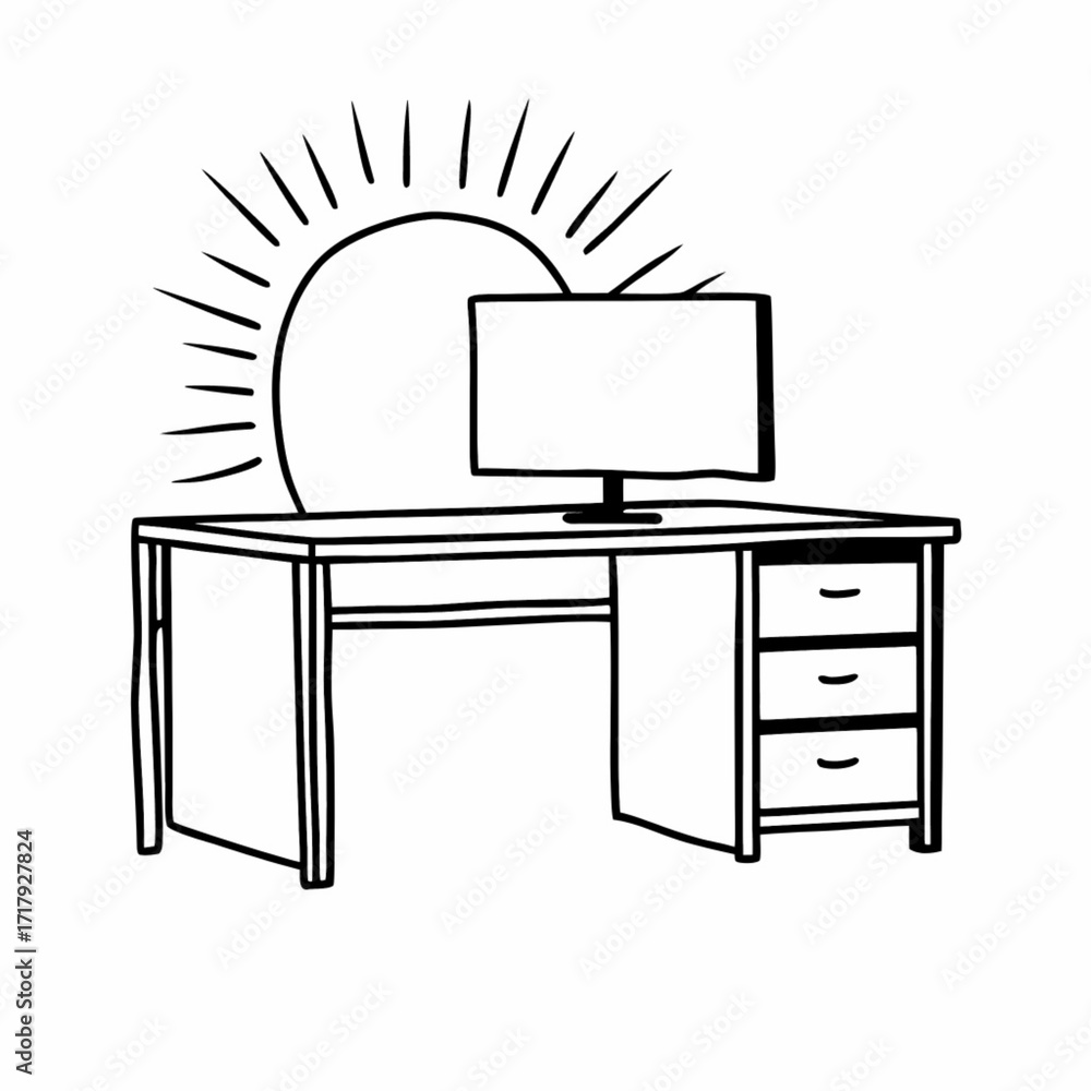 Poster minimilist illustration of a desk with a computer monitor and a sun behind it in a black and white d