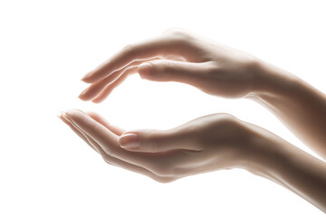 Two elegant hands forming a protective gesture against a transparent background