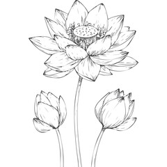 Lotus Flower Sketch Outline Illustration in Black and White – Hand Drawn Botanical Vector
