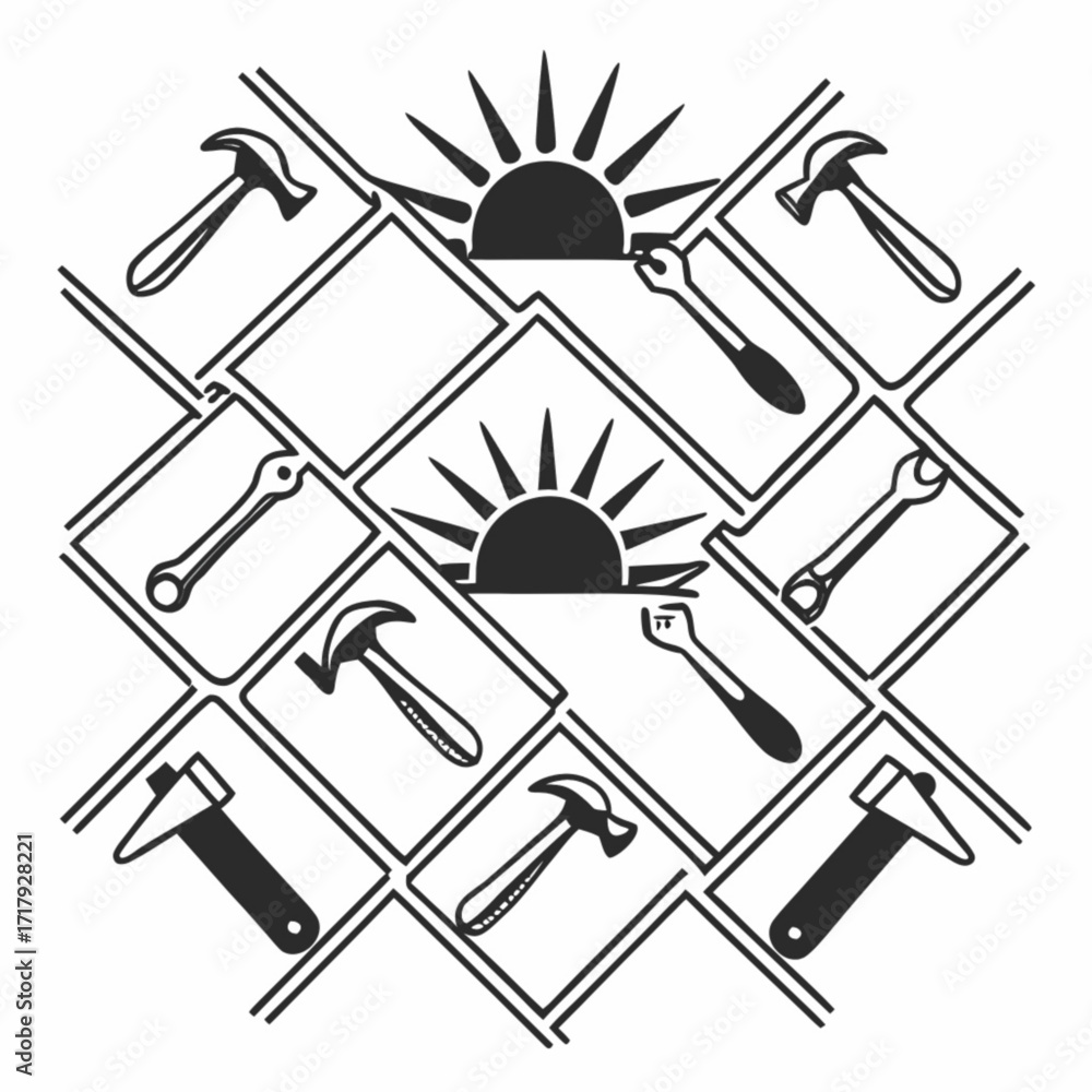 Poster minimilist illustration of a grid pattern with suns hammers and wrenches in a black and white color 