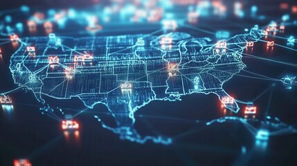 A digital map of the USA showcasing blockchain integration in finance, with blockchain icons connected to major financial hubs such as New York and San Francisco.