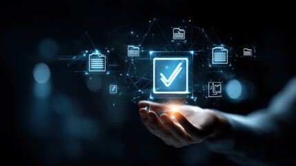 Professional Hand Showing Illuminated Checkmark Symbol in Darkness