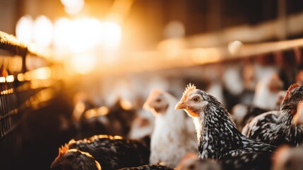 Obraz premium Chickens roaming in a barn at sunset animal photography rural environment warm lighting peaceful scene
