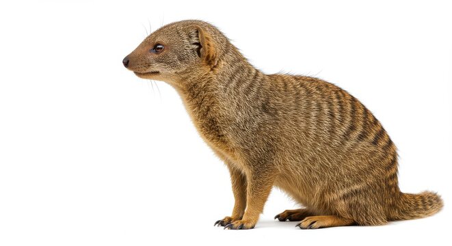Alert banded mongoose on white background looking to the left side