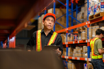 Asian man warehouse managers checking stock in workplace warehouse. industry logistic export import distribution concept.