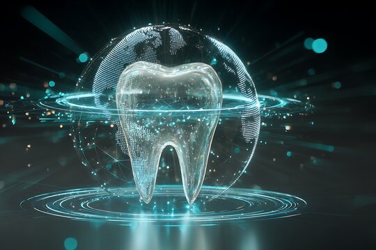 Glowing crystal tooth with holograms and digital globe around.