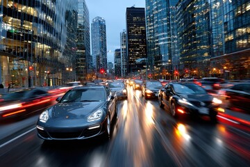 Naklejka premium Fast cars driving on a wet city street at dusk