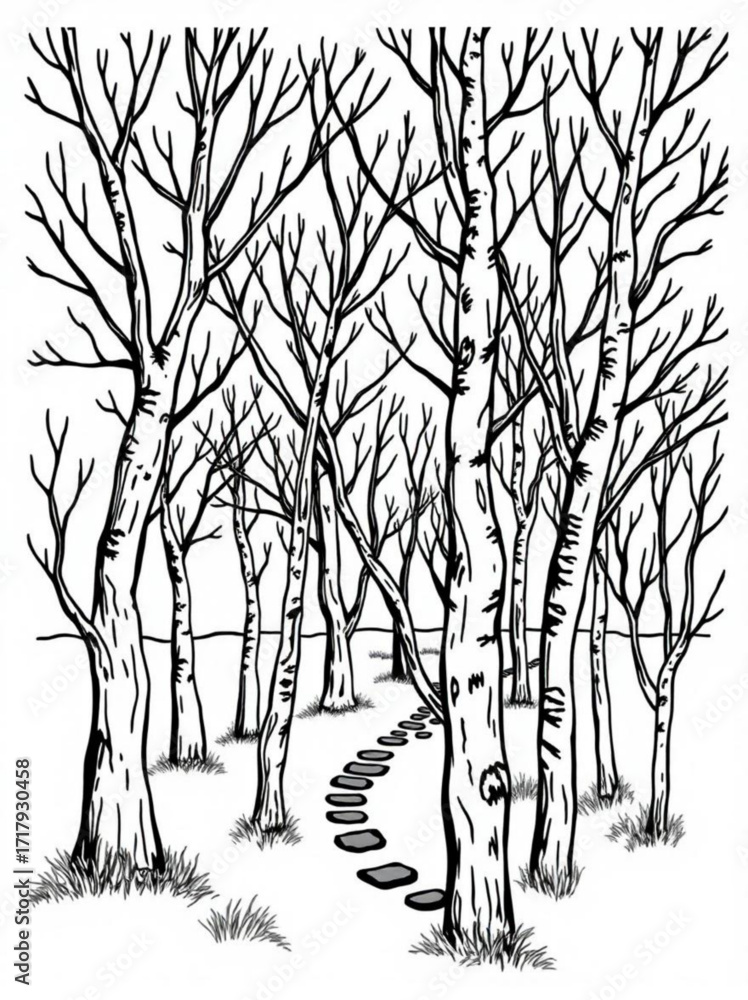 Poster minimilist a black and white drawing shows a forest of bare trees with a stone path winding through 