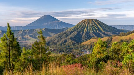 Fototapeta premium Volcanic peaks and scenic valleys indonesia nature photography mountain landscape panoramic view natural beauty