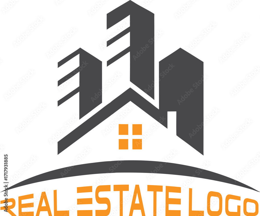 Poster Dark gray abstract buildings with orange windows above curved line and orange text R E A L E S T A T E L O G O
