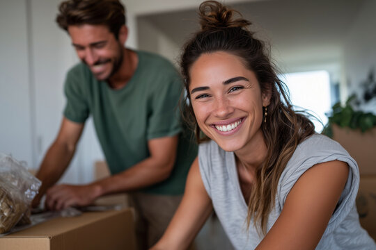 Young Brazilian couple in their first apartment, unpacking boxes and decorating,