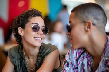 LGBTQIAPN+ couple in Brazilian cafe, relaxed conversation, modern urban vibe,