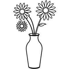 Fototapeta premium Minimilist three daisy flowers in a vase outlined in black and white simple floral arrangement drawing illustration vector