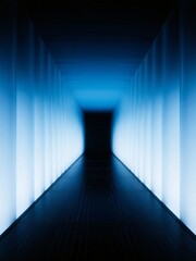 Long blue-lit corridor with glowing walls and dark floor leading to a vanishing point