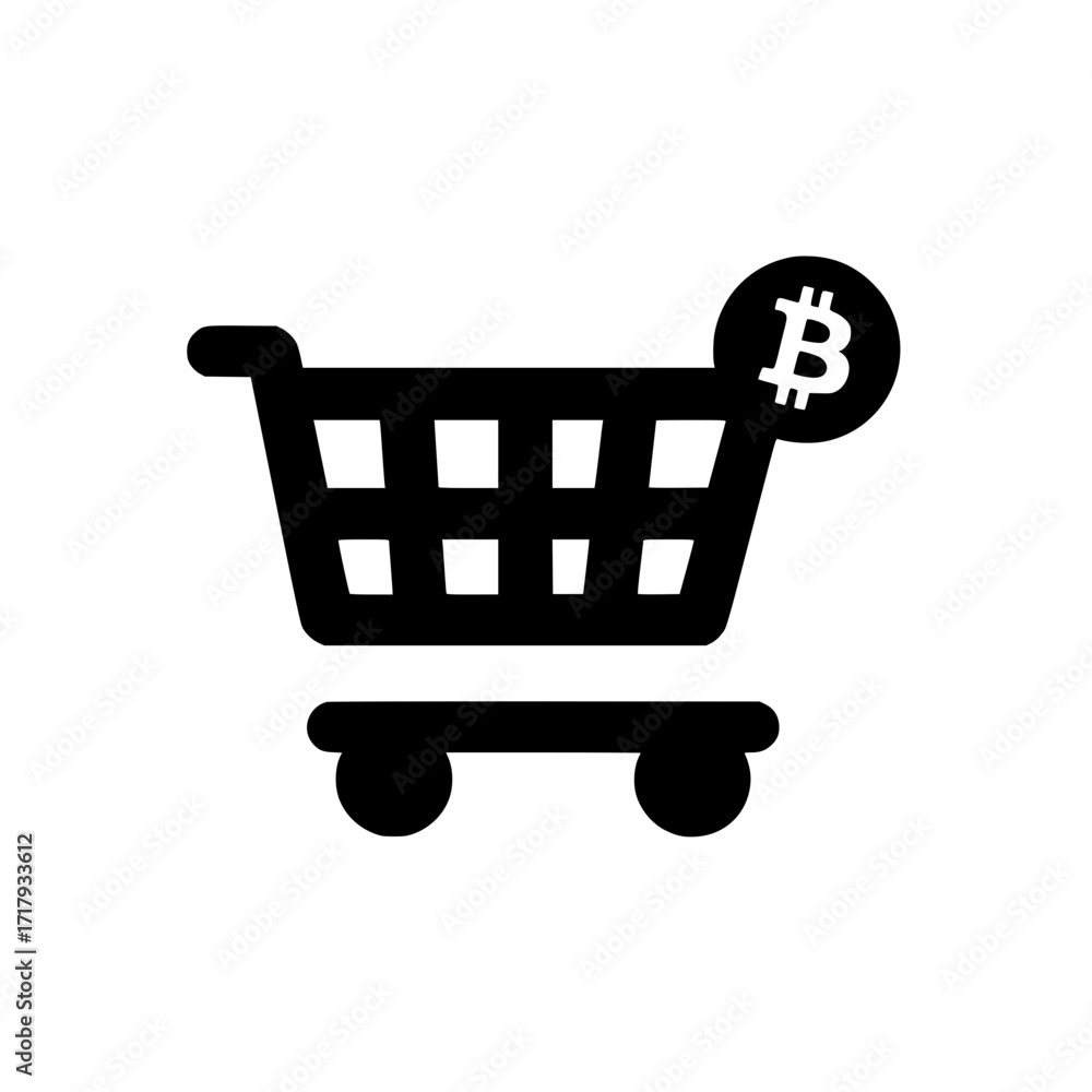 Poster vector of shopping cart containing a small bitcoin symbol for blockchain finance and retail concept