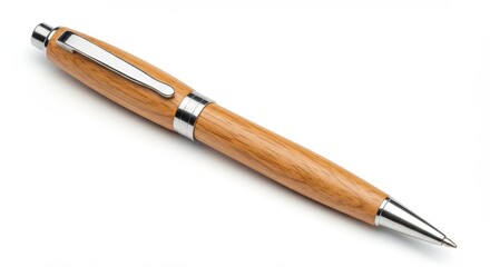 Naklejka premium Elegant Wooden Pen with Silver Accents on a White Background