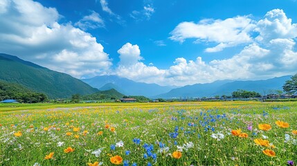 Obraz premium A distant view of beautiful fields adorned with a variety of flowers.
