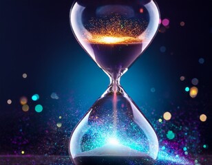futuristic hourglass with glowing vibrant particles illustrating the concept of time in a digital universe