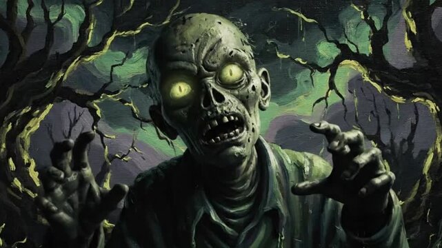 Seamless looping surreal zombie painting animation, impressionist digital art, Halloween theme with eerie glowing colors, painterly strokes, cinematic lighting, spooky textures
