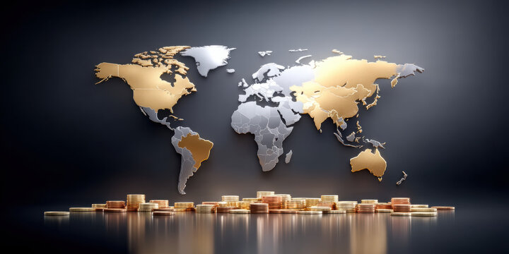 Gold world map coins pile global finance and investment concept, dramatic lighting