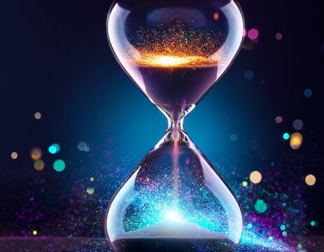 futuristic hourglass with glowing vibrant particles illustrating the concept of time in a digital universe - Powered by Adobe