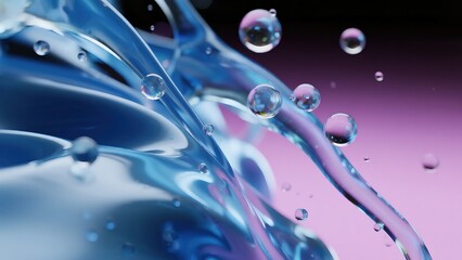 3D Render of Water Waves with Bubbles on Purple Background, Blue and White Color Scheme, Fluid Organic Shapes with Focus Stacking Technique