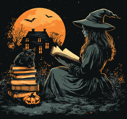 Gothic Witch Reading by Moonlight with Black Cat.