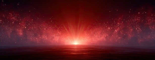 Red cosmic light over ocean horizon, radiant starry explosion in night sky, abstract cosmic landscape for backgrounds, celebration, fantasy or editorial design