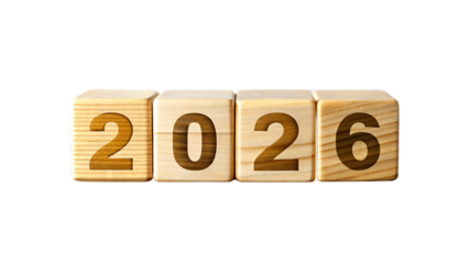 Golden Wooden cube block 2026 New year start concept, business, resolutions ideas on White and Transparent Background