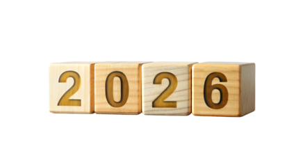Golden Wooden cube block 2026 New year start concept, business, resolutions ideas on White and Transparent Background