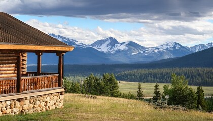 rustic log cabin porch overlooking montana mountains