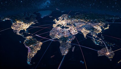 Global nighttime map with city lights and data light trails linking continents, technology and space communications — landscape orientation with clean margin copy space.