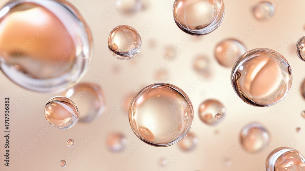 Poster a close-up view of translucent bubbles floating gracefully, capturing light and creating a soft, eth