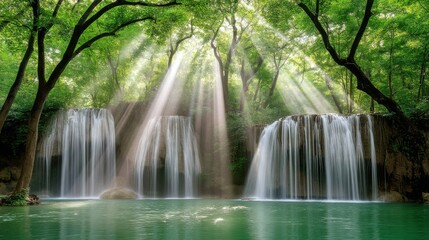 Obraz premium Majestic waterfalls cascade through lush green forest nature scene tranquil environment serene viewpoint natural beauty