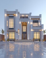 Elegant, light-filled modern residence with classic architectural details stands out against a tranquil twilight backdrop.