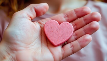 a person's open palm holds a heart shaped object. the heart is a solid, light color and shows a slightly textured surface. the person has light skin