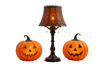 Halloween Pumpkin & Lamp PNG with Glowing Jack-o'-Lanterns Vintage Table Light & Festive Decor on Transparent Background Spooky Home Setup Illustration for Seasonal Celebrations