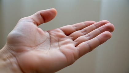 the image showcases a human hand extending upward, palm facing the viewer. subtle lines and shadows define the palm, fingers, and thumb