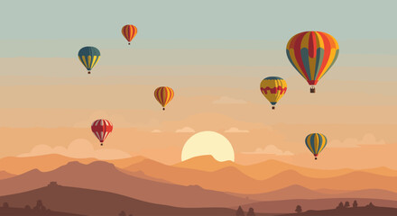 A vibrant flat design illustration capturing the majestic launch of hot air balloons against the backdrop of the Sandia Mountains during sunrise, showcasing the iconic Albuquerque International