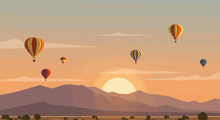 A vibrant flat design illustration capturing the majestic launch of hot air balloons against the backdrop of the Sandia Mountains during sunrise, showcasing the iconic Albuquerque International