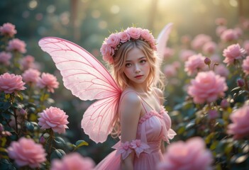 the main subject is a person with delicate, translucent wings standing in a lush garden. she is surrounded by an abundance of blooming plants with prominent buds and flowers in shades of pink