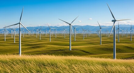 A vast expanse of wind turbines stands tall across rolling golden fields under a clear blue sky generating clean energy