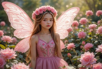 the image features a person dressed in a fanciful, ethereal style amidst a garden of flowers