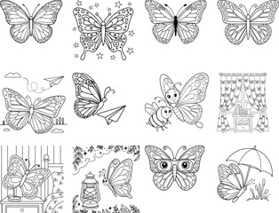 Collection of whimsical line art butterflies and scenes for coloring Keywords: butterfly, butterflies, line art, drawing, illustration, outline, coloring book, black and white, insect, nature