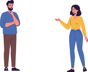 Cartoon illustration of man thinking and woman talking, casual young people, modern flat style characters, communication concept, vector art design