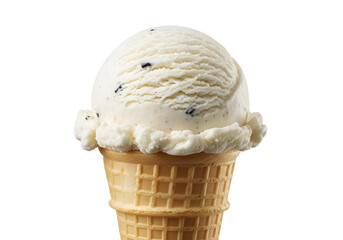 Close-up of a vanilla ice cream scoop in a waffle cone against a black backdrop.