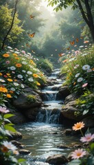 the image depicts a serene natural scene with a gently flowing stream as its main focus. lush greenery and trees surround the stream, creating a vibrant and peaceful atmosphere