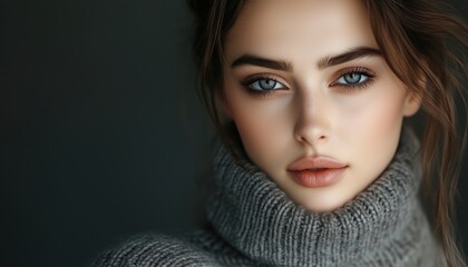Naklejka premium Stunning Female Model Wearing Sweater And Striking A Pose In A Professional Photography Studio Setting For A Captivating Photoshoot.