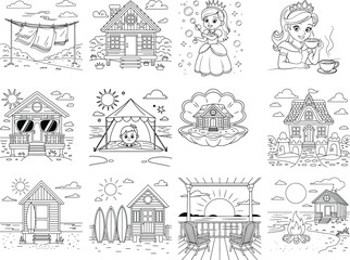 Obraz premium Seaside and Beach Themed Princess Illustrations with Cottages and Activities Keywords: princess, crown, clothesline, beach house, bubbles, teacup, sunglasses, tent, seashell, boat house, surfboard