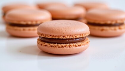 the image shows several confections against a white background. a confection sits at the front of the scene, in focus, comprised of two round halves filled with a rich, dark cream